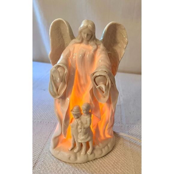 Vintage Lamp Light~ WHITE PORCELAIN GUARDIAN ANGEL with BOY & GIRL ~ 7.5" Tall - Picture 1 of 10